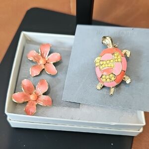 Talbots Pink and Gold Turtle Brooch with Pink Flower Clip Earrings